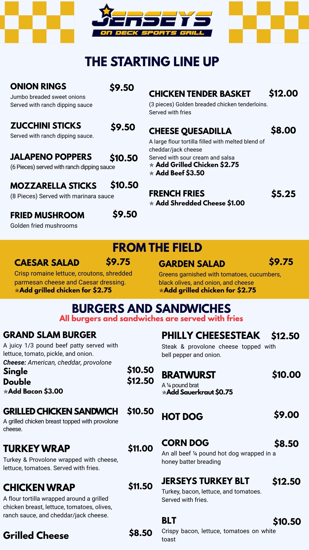 Jerseys On Deck Sports Grill - Food Menu